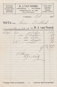 711817 Nota van H.J. van Noord, Confiseur, Patissier, Voorstraat 100 nabij de Plompetorengracht te Utrecht, ten name ...